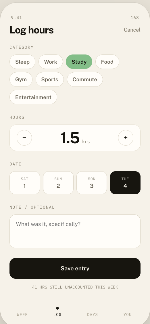 168 log hours screen: category, hours and date picker