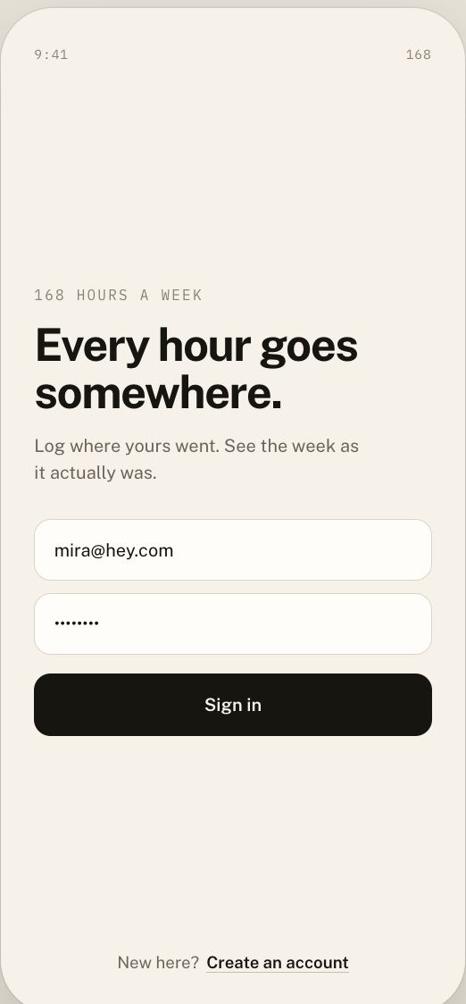 168 sign-in screen: Every hour goes somewhere