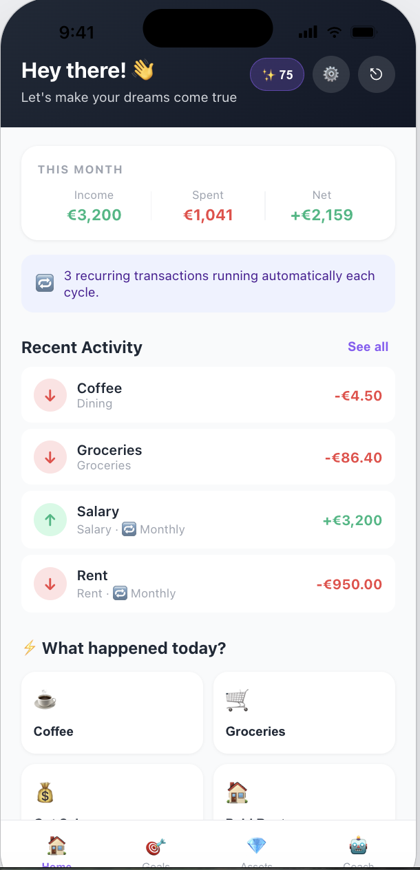 Tally home screen: monthly income, spend and net, recent activity